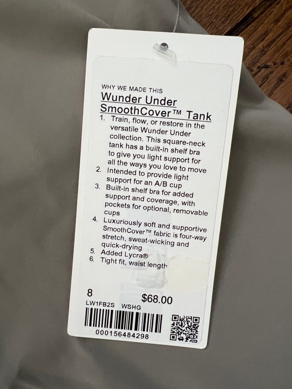Lululemon Warm Ash Grey Wunder Under Square Neck Tank Size 8 NWT - Picture 2 of 5
